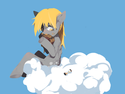 Size: 1024x768 | Tagged: safe, artist:tsuyukomiharu, derpy hooves, pegasus, pony, g4, cloud, eating, female, hourglass, mare, muffin, pixiv, simple background, solo