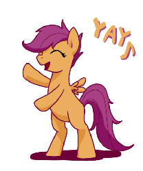 Size: 401x481 | Tagged: safe, artist:norang94, scootaloo, pegasus, pony, g4, ^^, animated, bipedal, blank flank, cute, cutealoo, eyes closed, female, filly, foal, music notes, open mouth, open smile, smiling, solo, spread wings, wings, yay