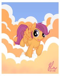 Size: 1024x1280 | Tagged: dead source, safe, artist:teammagix, scootaloo, g4, cloud, cloudy, female, flying, scootaloo can fly, solo