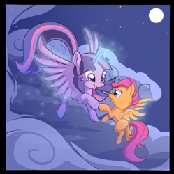 Size: 912x916 | Tagged: safe, artist:tororoplz, scootaloo, twilight sparkle, alicorn, pony, g4, female, mare, scootaloo can't fly, twilight sparkle (alicorn)