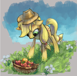 Size: 1435x1413 | Tagged: safe, artist:ruffu, applejack, earth pony, pony, g4, apple, basket, female, grass, orange, partial background, solo