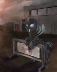 Size: 1826x2307 | Tagged: safe, artist:kna, oc, oc only, oc:flint, changeling, fallout equestria, changeling oc, clothes, coat, scarf, solo, white changeling