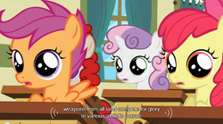 Size: 640x355 | Tagged: safe, screencap, apple bloom, scootaloo, sweetie belle, flight to the finish, g4, my little pony: friendship is magic, cutie mark crusaders, meme, mlp-captions, youtube caption