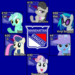 Size: 500x500 | Tagged: safe, artist:doctorxfizzle, bon bon, dj pon-3, lyra heartstrings, octavia melody, sweetie belle, sweetie drops, trixie, vinyl scratch, g4, hockey, new york rangers, nhl