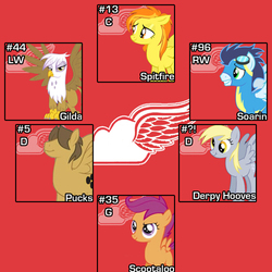 Size: 500x500 | Tagged: safe, artist:doctorxfizzle, derpy hooves, gilda, hoops, scootaloo, soarin', spitfire, griffon, pegasus, pony, g4, detroit red wings, female, hockey, mare, nhl