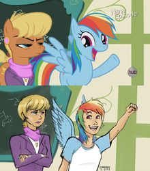 Size: 1265x1440 | Tagged: safe, artist:goldencheesebun, screencap, ms. harshwhinny, rainbow dash, earth pony, human, pegasus, pony, flight to the finish, g4, chalkboard, clothes, crossed arms, female, humanized, light skin, mare, scene interpretation, screencap reference, winged humanization