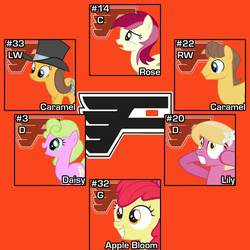 Size: 500x500 | Tagged: safe, artist:doctorxfizzle, apple bloom, caramel, daisy, flower wishes, lily, lily valley, roseluck, g4, hockey, nhl, philadelphia flyers