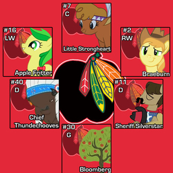 Size: 500x500 | Tagged: safe, artist:doctorxfizzle, apple fritter, bloomberg, braeburn, chief thunderhooves, little strongheart, sheriff silverstar, bison, buffalo, earth pony, pony, g4, apple, apple family member, apple tree, chicago blackhawks, hockey, nhl, tree