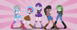 Size: 1024x406 | Tagged: safe, artist:partypievt, oc, oc only, oc:flipside, oc:indigo wire, oc:olive martini, oc:roiling steam, oc:tory equis, equestria girls, g4, belt, boots, clothes, crossed arms, dancing, denim, equestria girls oc, equestria girls-ified, group, helping twilight win the crown, high heel boots, jacket, jeans, legs, pants, shirt, shoes, skirt, sunburst background, vest