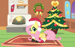 Size: 1680x1050 | Tagged: safe, artist:doctor-g, fluttershy, g4, christmas stocking, christmas tree, clothes, female, hat, santa costume, santa hat, solo, stockings, tree