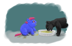 Size: 1280x832 | Tagged: safe, artist:russian_hugboxer, cat, fluffy pony, animals vs fluffies, fluffy pony original art, urine