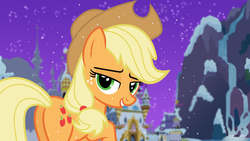 Size: 1280x720 | Tagged: safe, artist:pieski, applejack, g4, bedroom eyes, christmas, female, looking at you, snow, snowfall, solo, winter