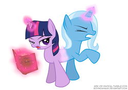 Size: 1748x1240 | Tagged: safe, artist:boyindahaus, trixie, twilight sparkle, g4, book, conjoined, counterparts, fail, female, fusion, magic, magic fail, mare, pushmi-pullyu, simple background, spell gone wrong, twixie (fusion), we have become one, what has science done, white background