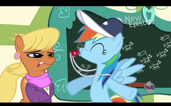 Size: 638x396 | Tagged: safe, ms. harshwhinny, rainbow dash, flight to the finish, g4, blowing, chalkboard, classroom, coach, ponyville schoolhouse, whistle