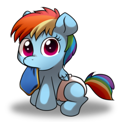 Size: 3500x3500 | Tagged: safe, artist:fj-c, rainbow dash, pegasus, pony, g4, abstract background, baby, baby pony, diaper, female, foal, looking at you, simple background, solo