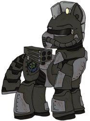 Size: 712x950 | Tagged: safe, artist:teschke, oc, oc only, oc:steelhooves, earth pony, pony, fallout equestria, armor, fanfic, fanfic art, gun, male, power armor, powered exoskeleton, rocket launcher, simple background, solo, stallion, steel ranger, transparent background