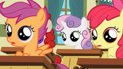 Size: 1280x720 | Tagged: safe, screencap, apple bloom, scootaloo, sweetie belle, flight to the finish, g4, stare