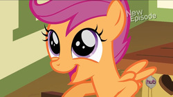 Size: 1280x720 | Tagged: safe, screencap, scootaloo, pegasus, pony, flight to the finish, g4, cute, cutealoo, faic, female, filly, hub logo, looking up, open mouth, smiling, solo, spread wings, wings