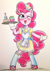 Size: 900x1274 | Tagged: safe, artist:oriwhitedeer, pinkie pie, earth pony, pony, g4, apron, bipedal, blushing, cake, clothes, cupcake, dress, female, food, gloves, hilarious in hindsight, maid, mary janes, shoes, socks, solo, traditional art, wink
