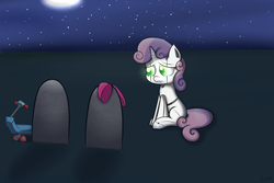 Size: 3000x2000 | Tagged: safe, artist:spenws, apple bloom, scootaloo, sweetie belle, pony, robot, unicorn, g4, bow, crying, cutie mark crusaders, female, filly, foal, frown, gravestone, hooves, horn, immortality blues, implied death, moon, night, night sky, sad, scooter, sitting, sky, solo, stars, sweetie bot, wavy mouth