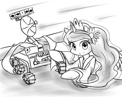 Size: 1000x800 | Tagged: safe, artist:mrzash, princess luna, g4, chang'e 3, china, female, flower, flower in hair, looking at you, lunar rover, monochrome, solo, space, vehicle, yutu