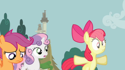 Size: 1366x768 | Tagged: safe, screencap, apple bloom, scootaloo, sweetie belle, earth pony, pegasus, pony, unicorn, g4, ponyville confidential, cutie mark crusaders, derp, female, filly, foal, force field, frown, looking down, outdoors, sad, scrunchy face, squishy, trio