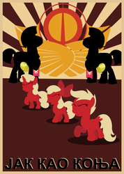 Size: 4615x6500 | Tagged: safe, artist:theshadowstone, apple bloom, scootaloo, sweetie belle, flight to the finish, g4, absurd resolution, cutie mark crusaders, serbian, sunburst background