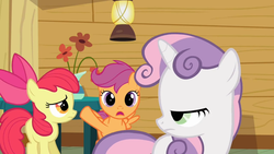 Size: 1366x768 | Tagged: safe, screencap, apple bloom, scootaloo, sweetie belle, g4, ponyville confidential, clubhouse, crusaders clubhouse, cutie mark crusaders