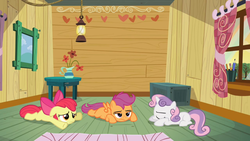 Size: 1366x768 | Tagged: safe, screencap, apple bloom, scootaloo, sweetie belle, earth pony, pony, g4, ponyville confidential, bored, clubhouse, crusaders clubhouse, cutie mark crusaders, sad