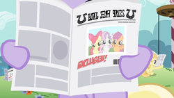 Size: 1366x768 | Tagged: safe, screencap, apple bloom, dinky hooves, noi, scootaloo, sweetie belle, tornado bolt, g4, ponyville confidential, cutie mark crusaders, foal free press, newspaper, picture