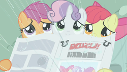 Size: 1366x768 | Tagged: safe, screencap, apple bloom, scootaloo, sweetie belle, g4, ponyville confidential, cutie mark crusaders, newspaper, rain