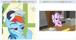 Size: 524x278 | Tagged: safe, screencap, diamond tiara, rainbow dash, derpibooru, flight to the finish, g4, my little pony: friendship is magic, ponyville confidential, everypony hates diamond tiara, exploitable meme, juxtaposition, juxtaposition win, meme, meta