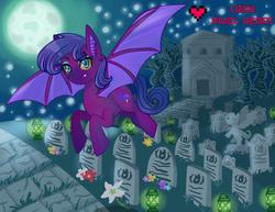 Size: 960x741 | Tagged: safe, artist:ladypixelheart, nightshade, oc, oc only, bat pony, pony, g4, flying, graveyard, moon, night, solo