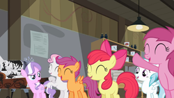 Size: 1366x768 | Tagged: safe, screencap, apple bloom, cotton cloudy, diamond tiara, ruby pinch, scootaloo, sweetie belle, g4, ponyville confidential, cutie mark crusaders, eyes closed, laughing, smiling