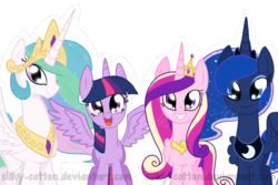 Size: 1650x1100 | Tagged: safe, artist:silky-cotton, princess cadance, princess celestia, princess luna, twilight sparkle, alicorn, pony, g4, alicorn tetrarchy, cute, female, looking at you, mare, open mouth, simple background, smiling, spread wings, transparent background, twilight sparkle (alicorn), wings