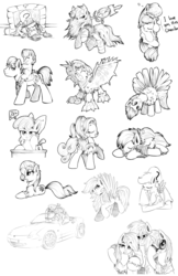 Size: 2480x3820 | Tagged: safe, artist:xioade, applejack, cheerilee, cherry jubilee, derpy hooves, diamond tiara, dj pon-3, filthy rich, rainbow dash, ruby pinch, scootaloo, silver spoon, strike, sunset shimmer, twilight sparkle, vinyl scratch, oc, oc:anon, human, pony, g4, book, car, cherry, clothes, costume, diamond tiara riding filthy rich, eating, fire, heart, hug, monochrome, mouth hold, mug, riding, sketch dump, sleeping, younger