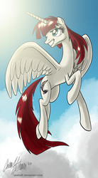 Size: 800x1445 | Tagged: safe, artist:ceehoff, oc, oc only, oc:fausticorn, cloud, cloudy, flying, lauren faust, smiling, solo