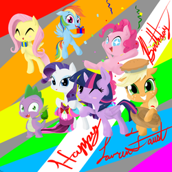 Size: 2250x2250 | Tagged: safe, artist:rixnane, applejack, fluttershy, pinkie pie, rainbow dash, rarity, spike, twilight sparkle, alicorn, pony, g4, female, happy birthday, mane seven, mane six, mare, twilight sparkle (alicorn)