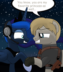 Size: 2600x3000 | Tagged: safe, artist:drako1997, princess luna, gamer luna, g4, blushing, crossover, crossover shipping, female, leon s. kennedy, male, night, ponified, resident evil, shipping, straight