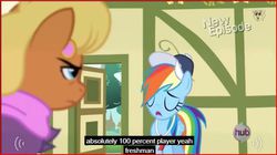 Size: 639x357 | Tagged: safe, screencap, ms. harshwhinny, rainbow dash, pony, flight to the finish, g4, coach rainbow dash, hat, meme, youtube caption