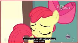 Size: 644x361 | Tagged: safe, screencap, apple bloom, earth pony, flight to the finish, g4, female, filly, foal, meme, solo, youtube caption