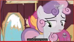 Size: 642x366 | Tagged: safe, screencap, sweetie belle, flight to the finish, g4, hub logo, meme, new episode, youtube caption