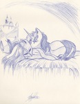 Size: 2512x3250 | Tagged: safe, artist:alan-winter, princess cadance, shining armor, g4, bed, candle, monochrome, sleeping, traditional art