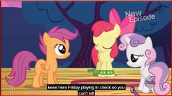 Size: 642x359 | Tagged: safe, screencap, apple bloom, scootaloo, sweetie belle, flight to the finish, g4, meme, youtube caption