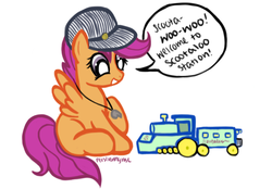 Size: 1053x732 | Tagged: safe, artist:perseveringrose, scootaloo, pegasus, pony, g4, blank flank, conductor, conductor hat, cute, cutealoo, dialogue, female, filly, foal, hat, model train, signature, simple background, sitting, solo, speech bubble, spread wings, talking, toy, toy train, train, whistle, white background, wings