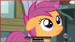 Size: 640x360 | Tagged: safe, screencap, scootaloo, flight to the finish, g4, female, floppy ears, frown, meme, scootaloo's house, scootalove, solo, wide eyes, youtube caption