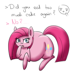 Size: 1280x1259 | Tagged: safe, artist:verminshy, pinkie pie, g4, blatant lies, chubby, female, offscreen character, pinkamena diane pie, solo