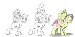 Size: 1280x640 | Tagged: safe, artist:fuzebox, fluttershy, g4, butterscotch, colored, male, monochrome, nervous, rule 63, sketch, solo, wings