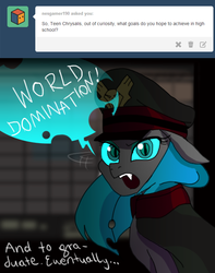 Size: 500x635 | Tagged: safe, artist:jokerpony, queen chrysalis, ask teen chrysalis, g4, ask, cape, clothes, female, hat, looking at you, m. bison, of course, open mouth, solo, street fighter: the movie, tumblr