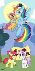 Size: 4000x8000 | Tagged: safe, artist:bloodyhellhayden, apple bloom, rainbow dash, scootaloo, sweetie belle, earth pony, pegasus, pony, unicorn, flight to the finish, g4, coach rainbow dash, crying, cutie mark crusaders, flag, flying, rainbow dashs coaching whistle, tears of joy, whistle, whistle necklace
